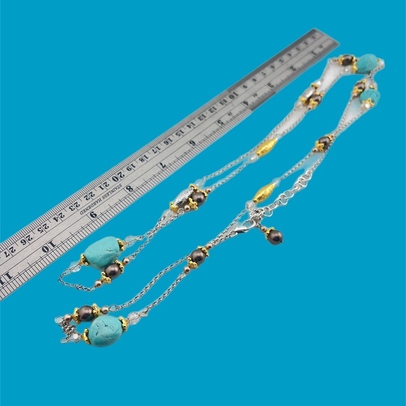 Vintage Signed Brighton Persiana Turquoise Crystal Gray Pearl Long Necklace set. - Picture 8 of 11